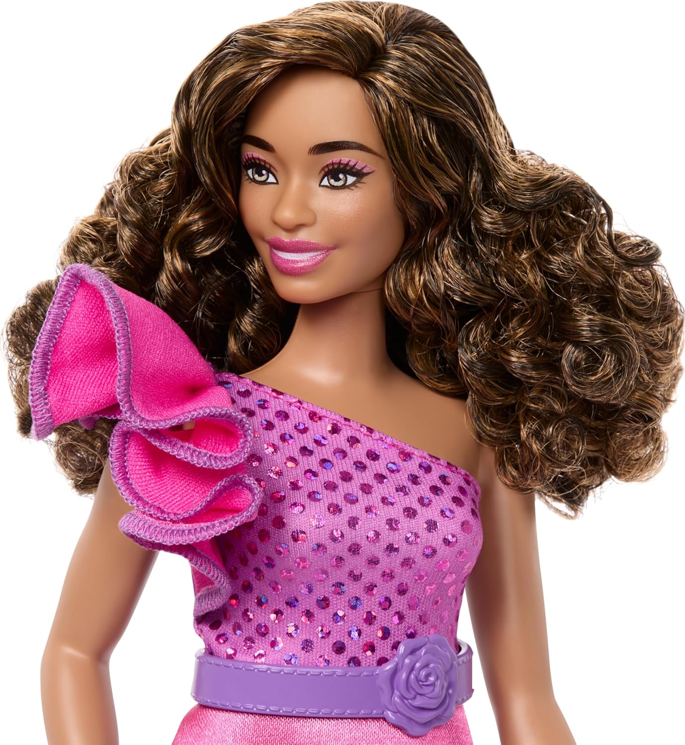 Barbie Fashionistas Doll #225, Curvy Body Type with Brown Hair, Pink Sparkly Dress & Accessories, 65th Anniversary Collectible Fashion Doll