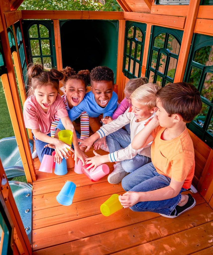 KidKraft Falcon Ridge Wooden Swing Set / Playset – Outdoor Playhouse with Slides, Swings, Rock Wall, Clubhouse, and Deluxe Kitchen for Kids Age 3-10 Years