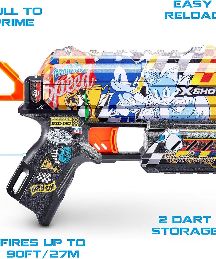 X-Shot Skins Flux Sonic Blaster, Sonic the Hedgehog Theme, 8 Darts, Air Pocket Technology, Single & Front 2 Dart Storage, 27m / 90ft Range, Outdoor Foam Dart Toy, Kids & Teens