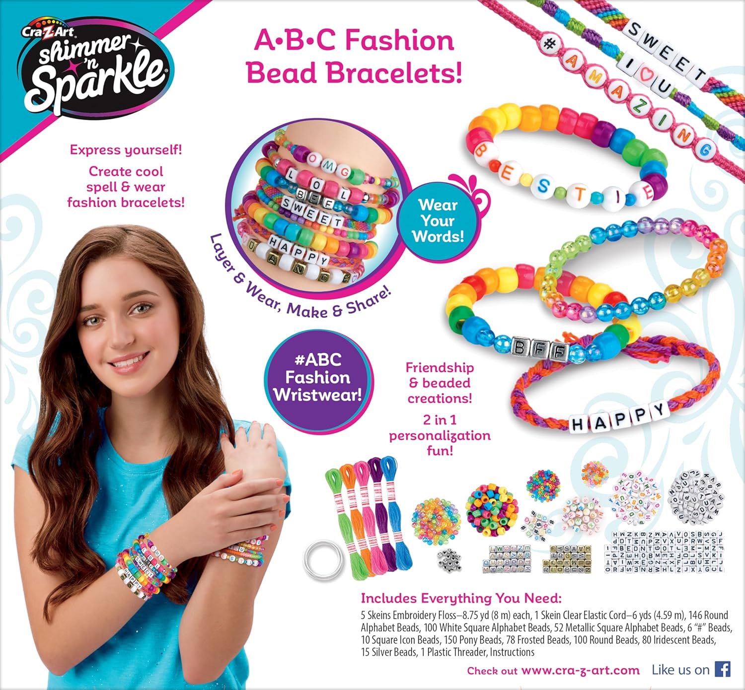 Cra-Z-Art Shimmer N Sparkle ABC Bead Bracelet Kit with 700+ Alphabet & Fashion Beads, Cords, Charms for Girls & DIY Jewelry Craft Set for Kids- Create Personalized Name Bracelets & Accessories