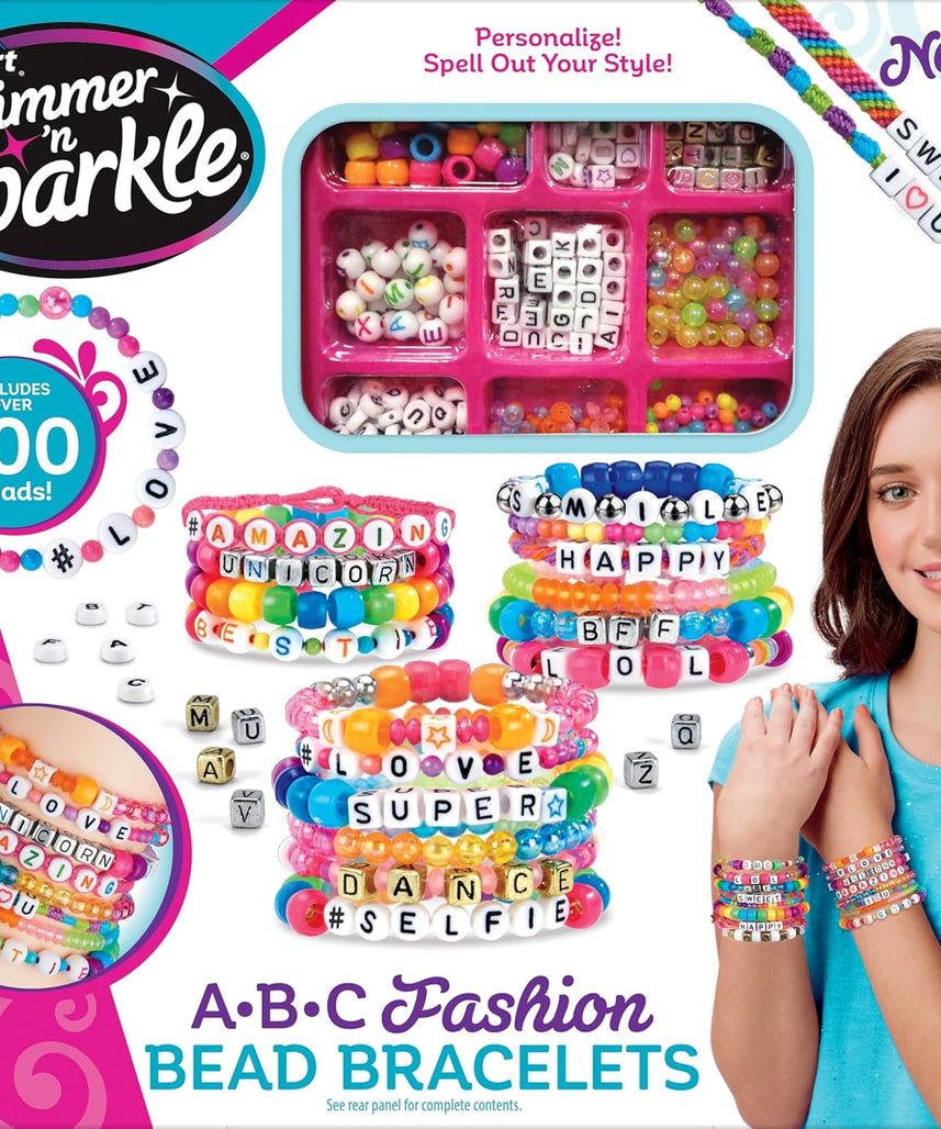 Cra-Z-Art Shimmer N Sparkle ABC Bead Bracelet Kit with 700+ Alphabet & Fashion Beads, Cords, Charms for Girls & DIY Jewelry Craft Set for Kids- Create Personalized Name Bracelets & Accessories