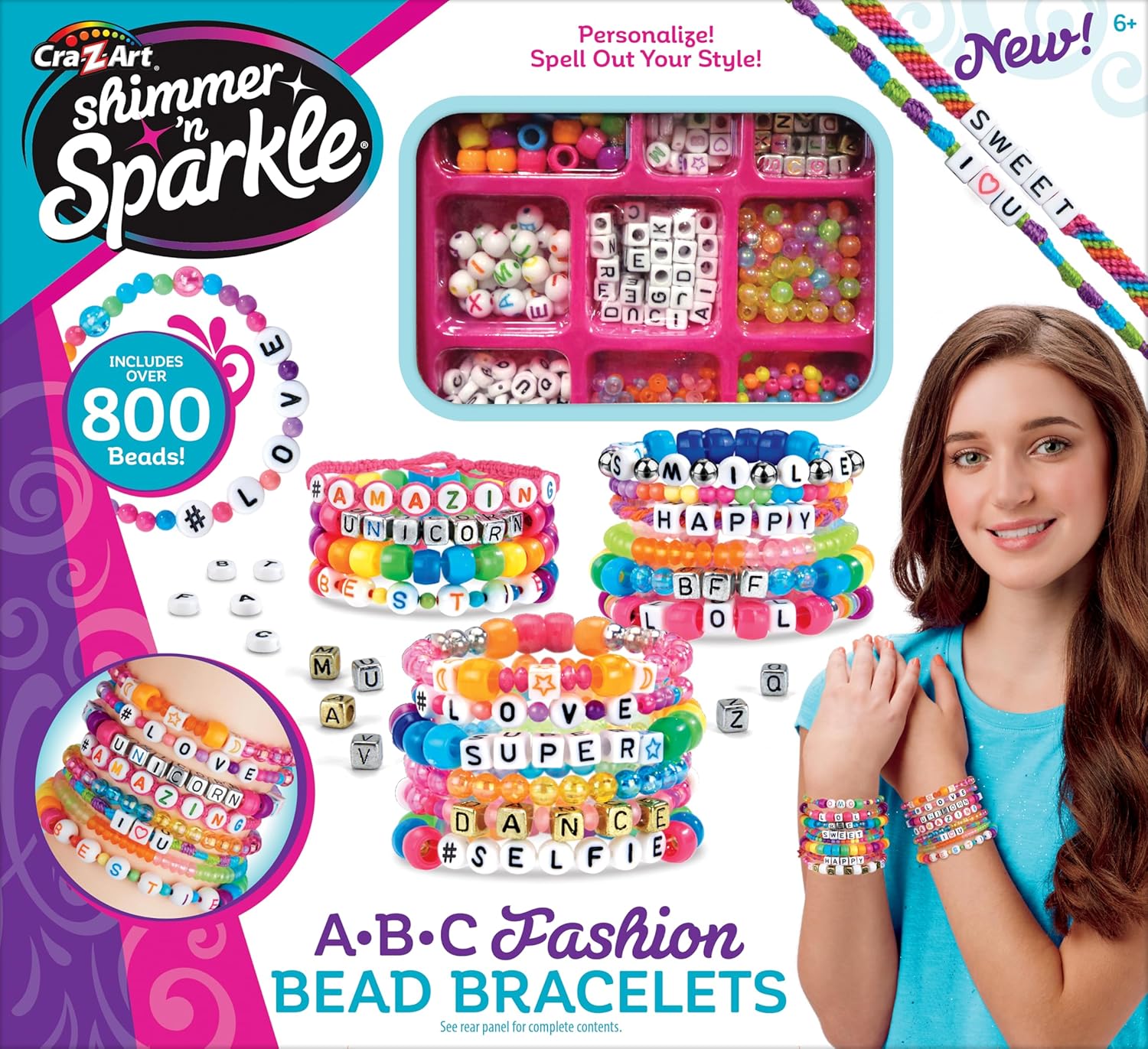 Cra-Z-Art Shimmer N Sparkle ABC Bead Bracelet Kit with 700+ Alphabet & Fashion Beads, Cords, Charms for Girls & DIY Jewelry Craft Set for Kids- Create Personalized Name Bracelets & Accessories