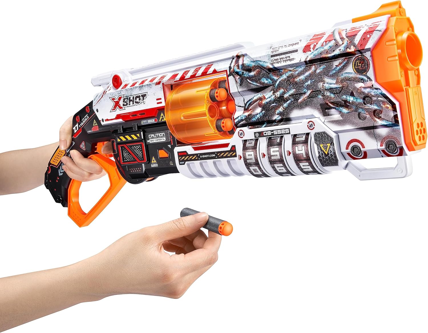 مسدس رمي السهام إكس شوت سكينز إس ١، ١٦ سهمًا إسفنجيًا، تقنية الجيب الهوائي، أسطوانة دوارة بـ ٨ سهام، قفل برمز الاستجابة السريعة، مدى ٢٧ مترًا، مسدس رمي سهام لعبة للأطفال والمراهقين والبالغين، للعب في الهواء الطلق، للأعمار من ٨ سنوات فما فوق