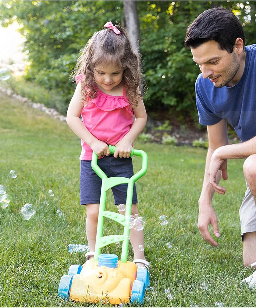 Little Kids Fubbles No Spill Bubble Lawn Mower, Automatic Bubble Blower Machine, Toddler Outdoor Bubble Toy, Includes 4oz Non Toxic Solution, Continuous Bubble Play, Soft Grip Handle, Pretend Play Lawn Mower for Boys and Girls, Ages 3 Plus
