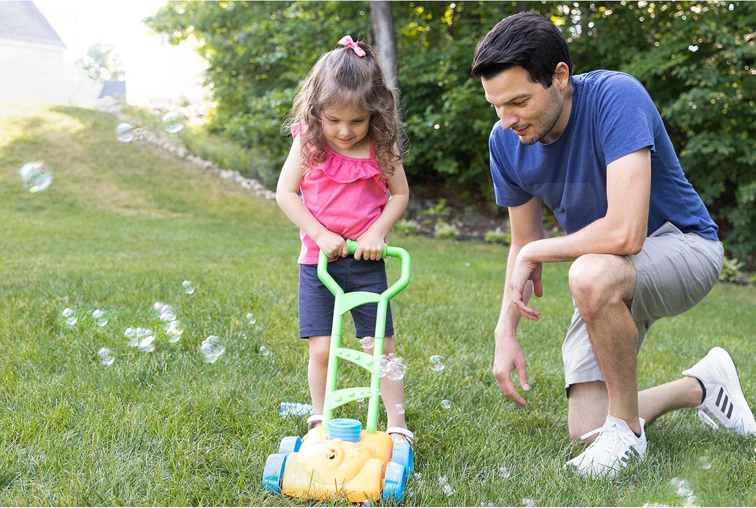 Little Kids Fubbles No Spill Bubble Lawn Mower, Automatic Bubble Blower Machine, Toddler Outdoor Bubble Toy, Includes 4oz Non Toxic Solution, Continuous Bubble Play, Soft Grip Handle, Pretend Play Lawn Mower for Boys and Girls, Ages 3 Plus
