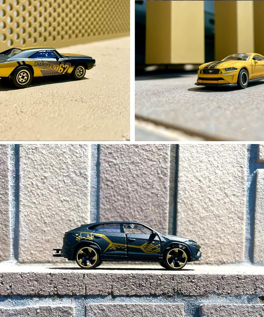 Majorette Limited Edition 9 Gold Design Toy Car, 1:64 Scale Die Cast Model, Random 1 of 6 Collectible Cars, Free Roll Suspension, Trading Card Included, Kids and Collectors, Ages 3+