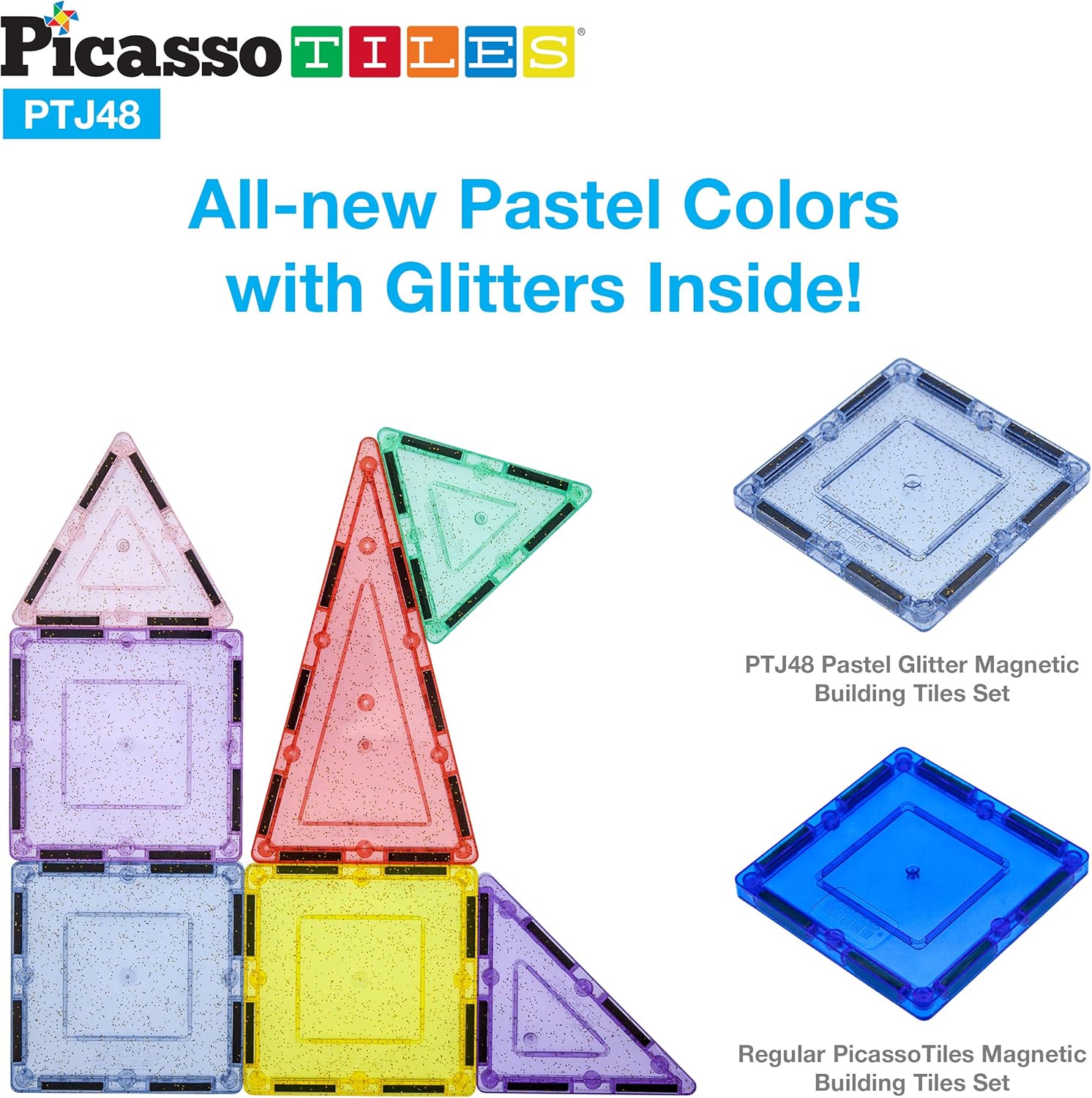 PicassoTiles 48-Piece Magnetic Blocks – Reflective Leaf Flakes, STEM Learning Construction Toy, Ages 3+