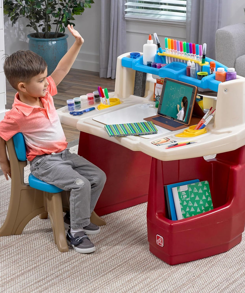 Step2 Deluxe Art Master Desk with Chair for Kids, Large Creative Art Table with Storage Compartments, Dry Erase Drawing Surface, Toddler and Preschool Art Furniture, Multi Colour, 3 Years+