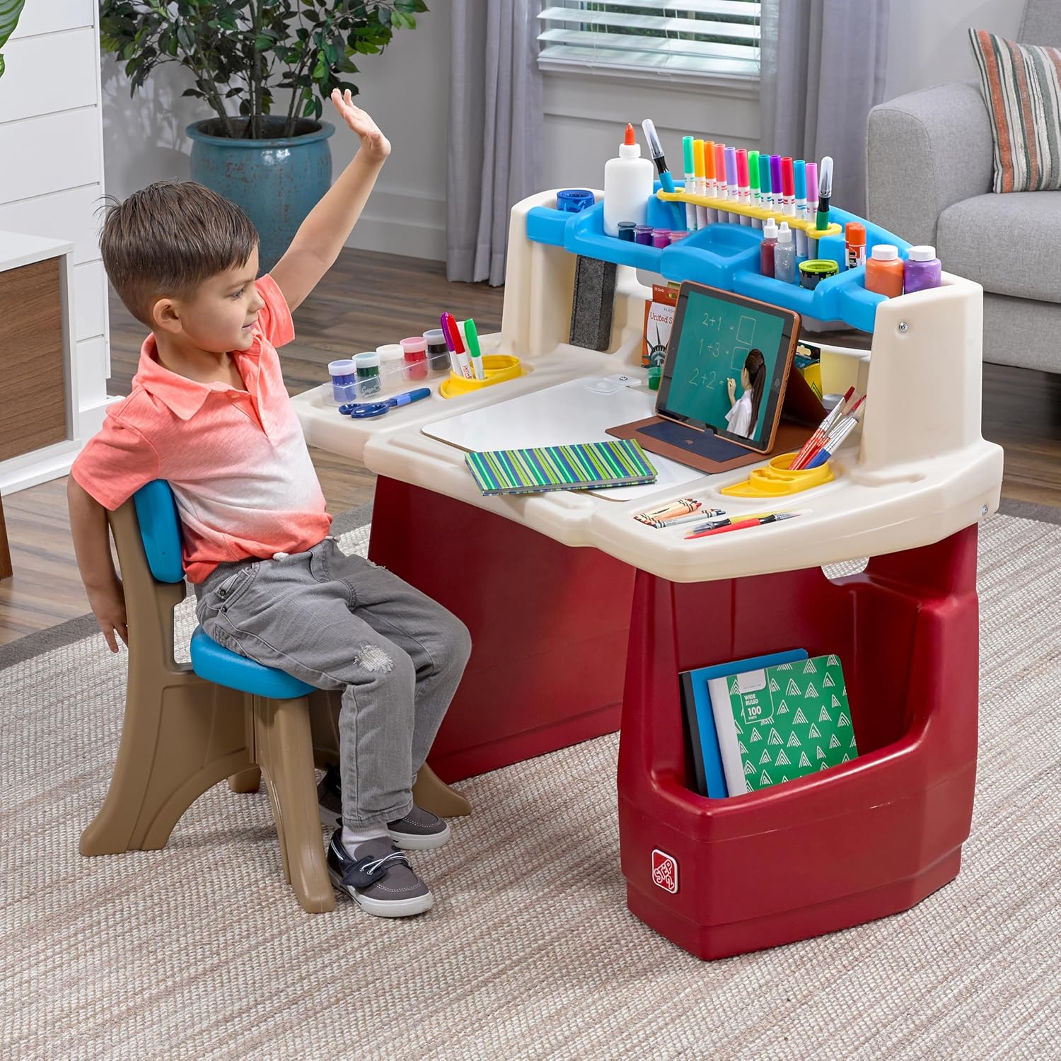 Step2 Deluxe Art Master Desk with Chair for Kids, Large Creative Art Table with Storage Compartments, Dry Erase Drawing Surface, Toddler and Preschool Art Furniture, Multi Colour, 3 Years+