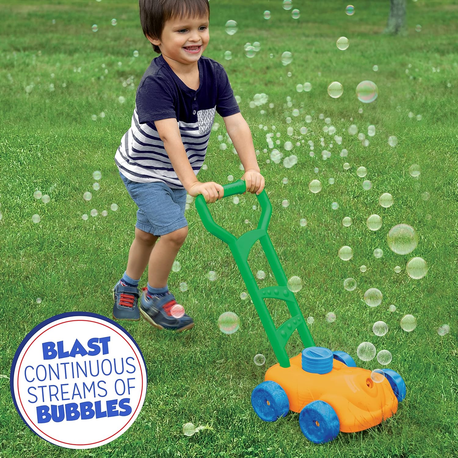 Little Kids Fubbles No Spill Bubble Lawn Mower, Automatic Bubble Blower Machine, Toddler Outdoor Bubble Toy, Includes 4oz Non Toxic Solution, Continuous Bubble Play, Soft Grip Handle, Pretend Play Lawn Mower for Boys and Girls, Ages 3 Plus