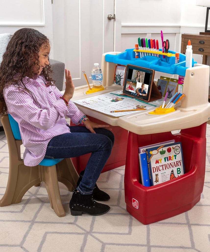 Step2 Deluxe Art Master Desk with Chair for Kids, Large Creative Art Table with Storage Compartments, Dry Erase Drawing Surface, Toddler and Preschool Art Furniture, Multi Colour, 3 Years+