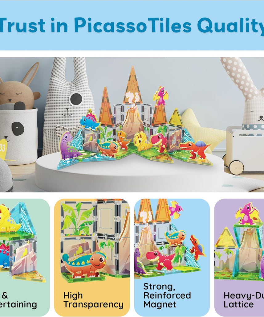 PicassoTiles 38pc Magnet Tiles Building Blocks Dinosaur Theme Set with 8 Magnetized Action Figures Magnetic Construction Build and Play Toys with Magnets STEM Learning Activities for Toddlers 3+ PTQ13