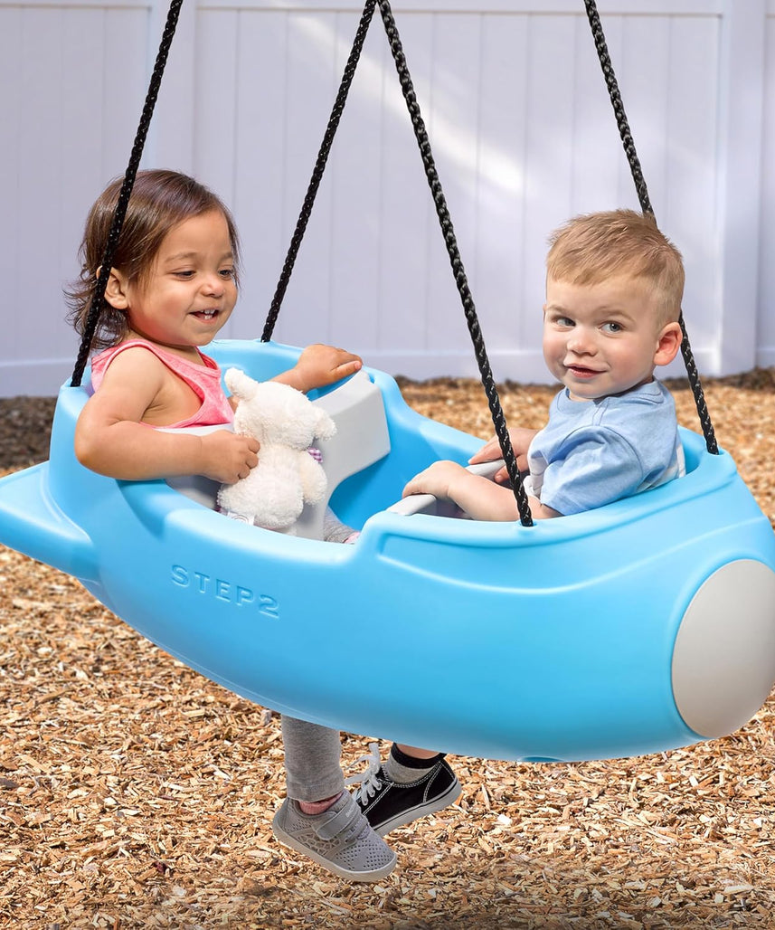Step2 Rocket Double Swing for Boys and Girls Ages 1.5 Years and Up Blue Plastic Two Seat Outdoor Swing with Safety Straps and T Bar for Toddlers and Young Children