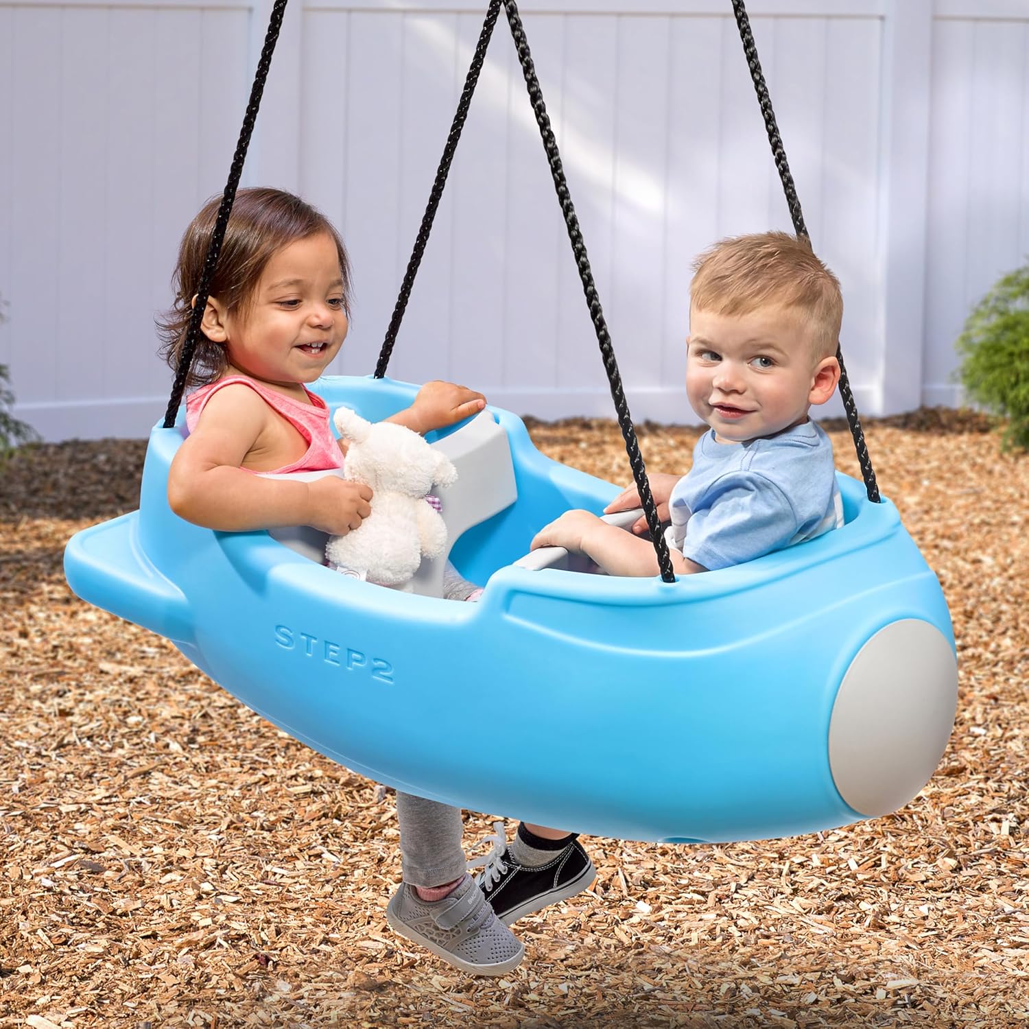 Step2 Rocket Double Swing for Boys and Girls Ages 1.5 Years and Up Blue Plastic Two Seat Outdoor Swing with Safety Straps and T Bar for Toddlers and Young Children