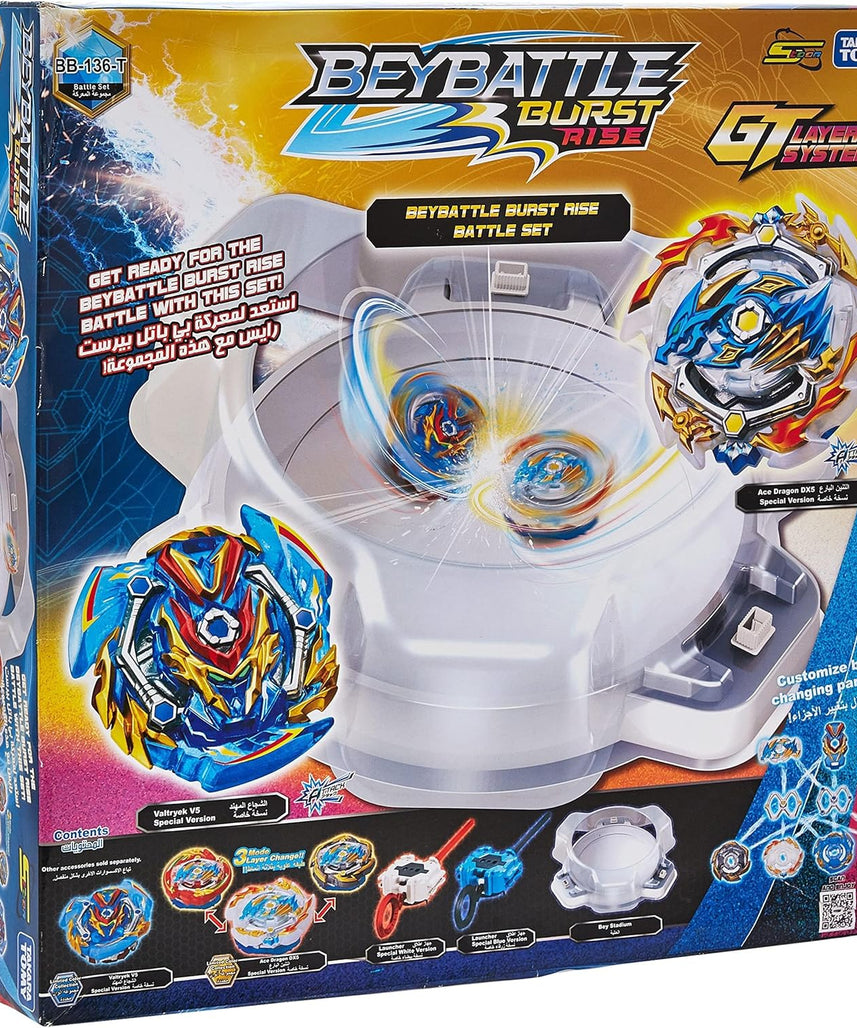 BeyBattle Burst Takara Tomy S4 W1 Rise Battle Set with Stadium, Sword Valtryek V5 and Ace Dragon DX5 Tops, Dual Launchers, Competitive Spinning Top Game for Kids, Ages 8 Years+