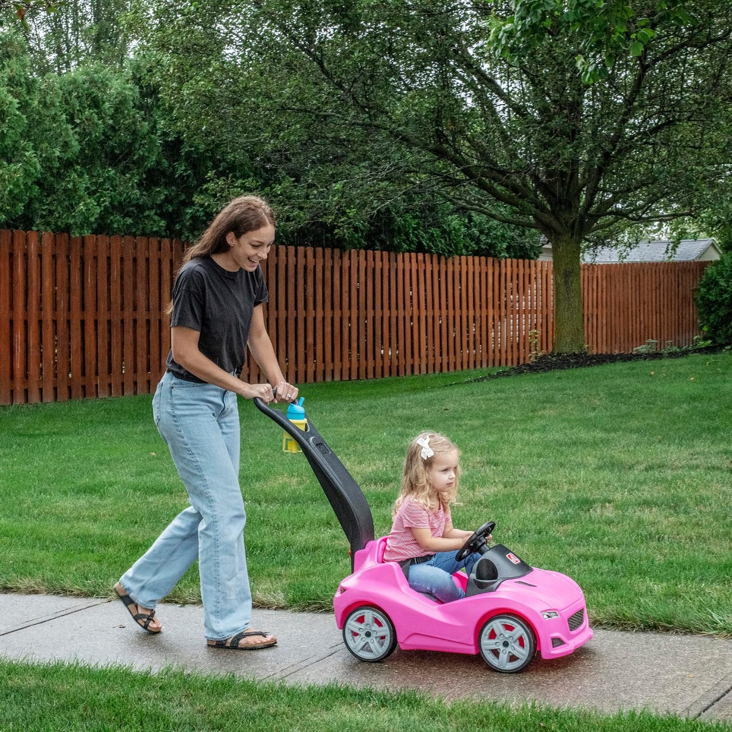 Step2 Whisper Ride Cruiser Kids Push Car with Parent Handle, Seat Belt, Horn & Storage Trunk, Single Seater Ride-On Toy for Boys and Girls, Gray, Pink & Blue, Ages 18 Months+