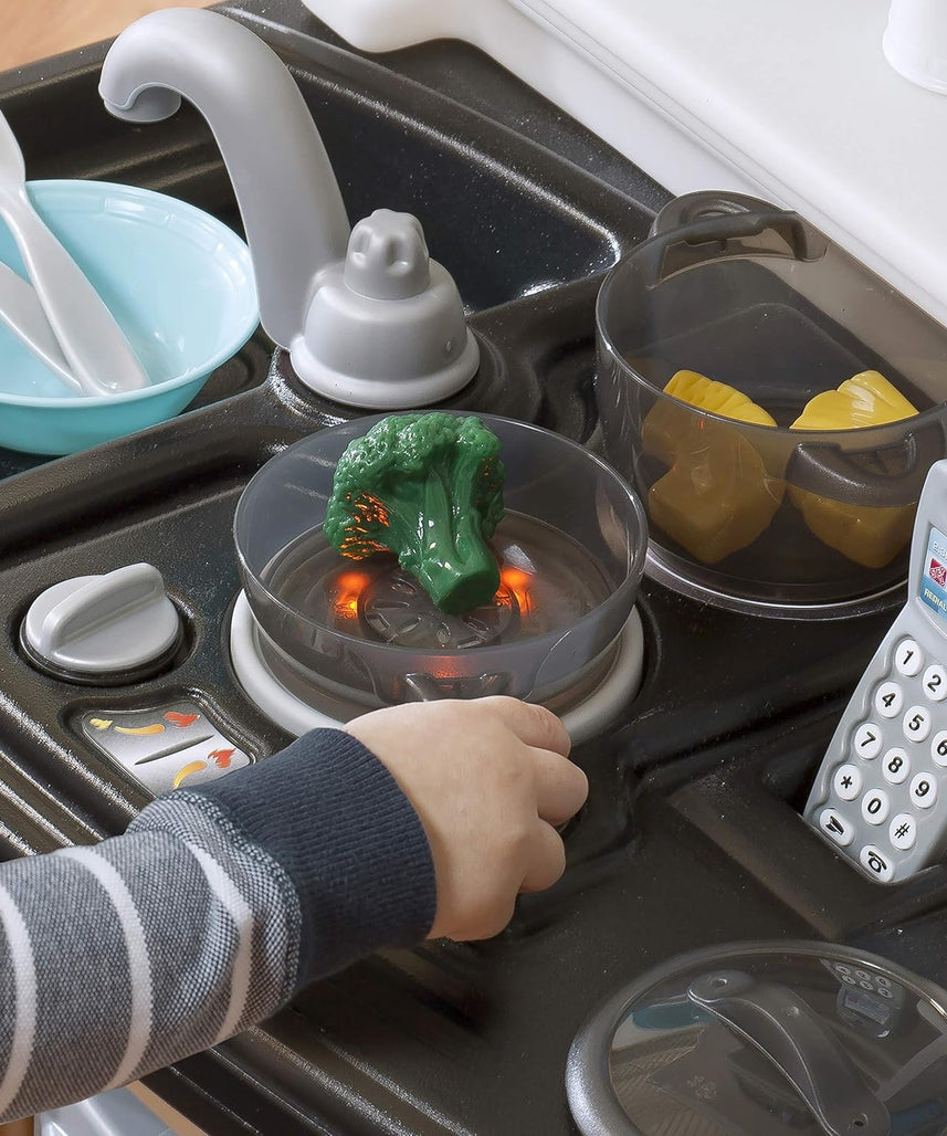 Step2 Custom Kitchen Refresh, Interactive Roleplay Kitchen Set with Lights Sounds Storage Accessories, Pretend Cooking Toy for Kids Boys and Girls Age 2 to 6, Tan