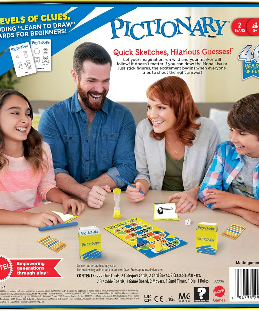 Mattel Games Pictionary Family Board Game for Kids, Adults and Game Night for 2 Teams with Erasable Markers, Boards and Sand Timer