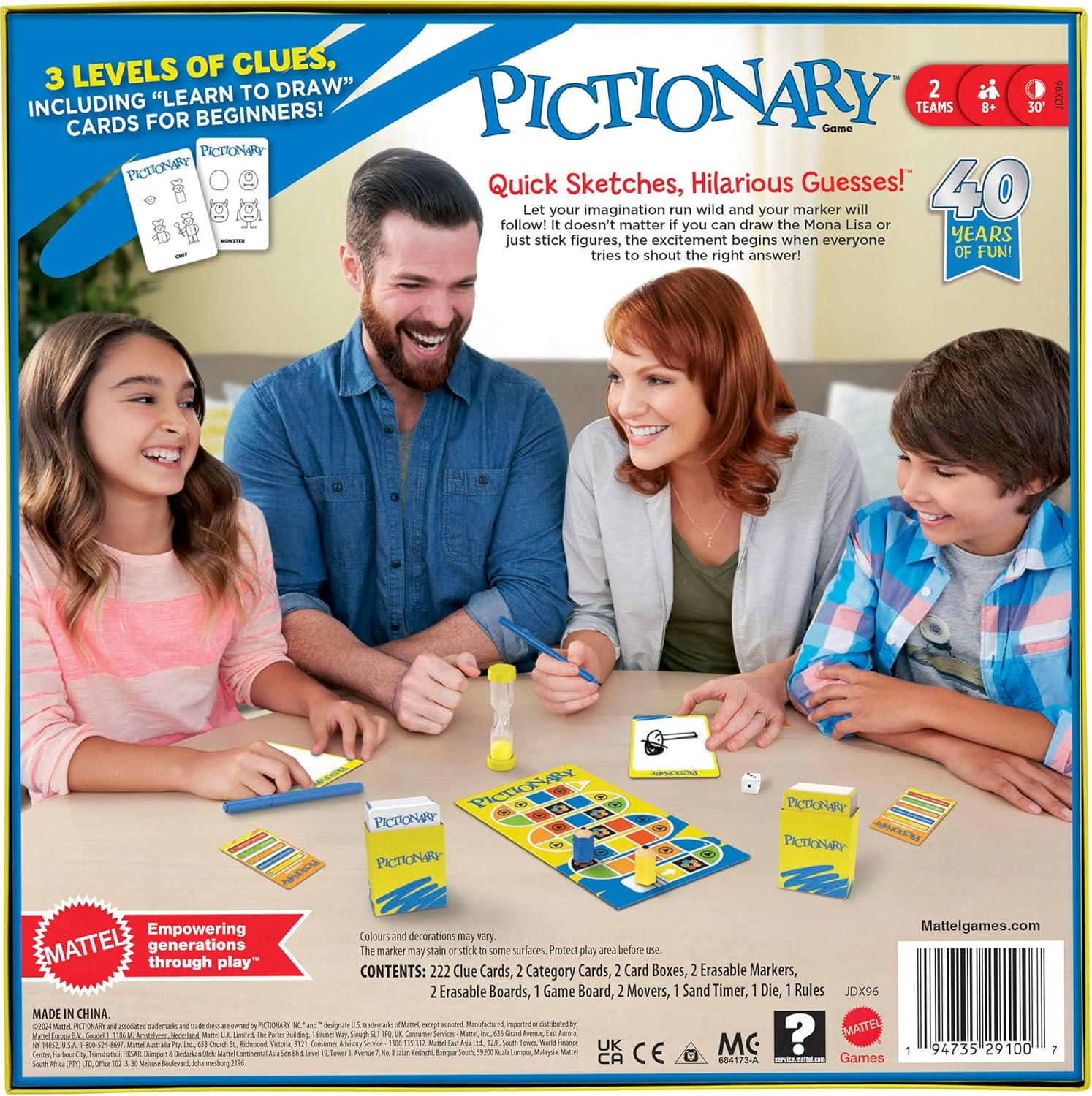 Mattel Games Pictionary Family Board Game for Kids, Adults and Game Night for 2 Teams with Erasable Markers, Boards and Sand Timer