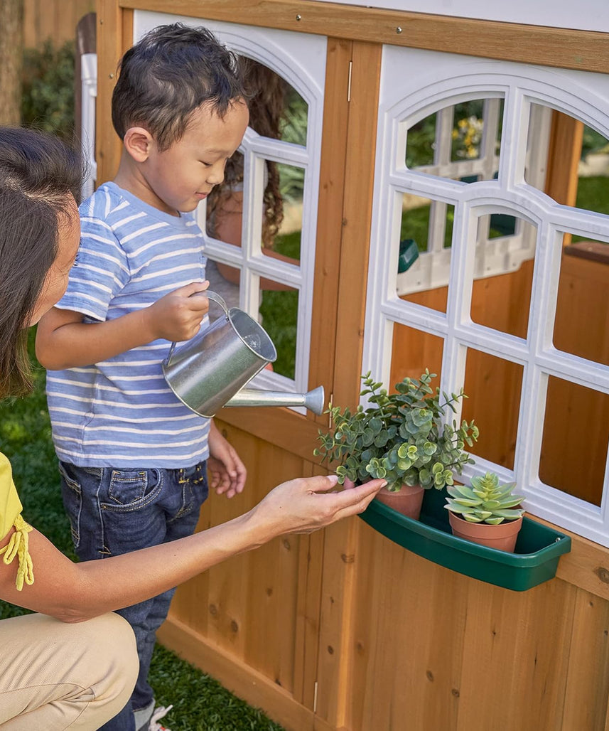 KidKraft 405 Garden View Wooden Outdoor Playhouse, Backyard Playhouse with Café Style Windows, Interactive Accessories, Ages 3 to 8, EZ Kraft Assembly, Weather Resistant Wood