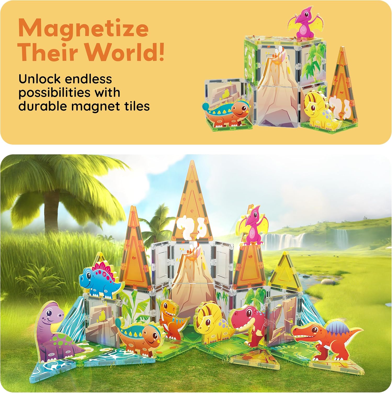 PicassoTiles 38pc Magnet Tiles Building Blocks Dinosaur Theme Set with 8 Magnetized Action Figures Magnetic Construction Build and Play Toys with Magnets STEM Learning Activities for Toddlers 3+ PTQ13
