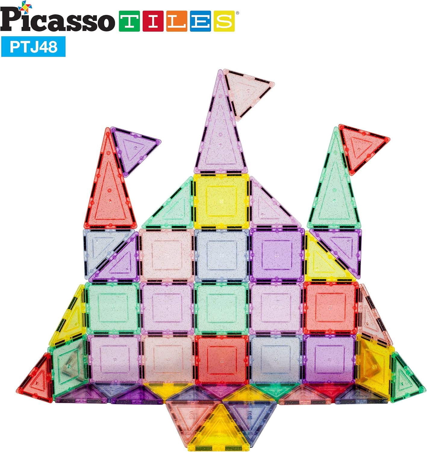 PicassoTiles 48-Piece Magnetic Blocks – Reflective Leaf Flakes, STEM Learning Construction Toy, Ages 3+