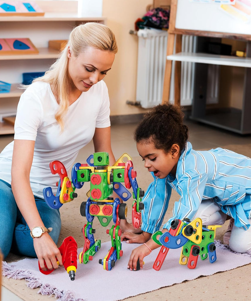 PicassoTiles STEM Learning Toys 152 Piece Building Block Set Kid Toy Construction Engineering Kit Educational Blocks w/Idea Book Design Guide, Storage Carry Box, Power Drill, Ratchet, Age 3+ PTN152