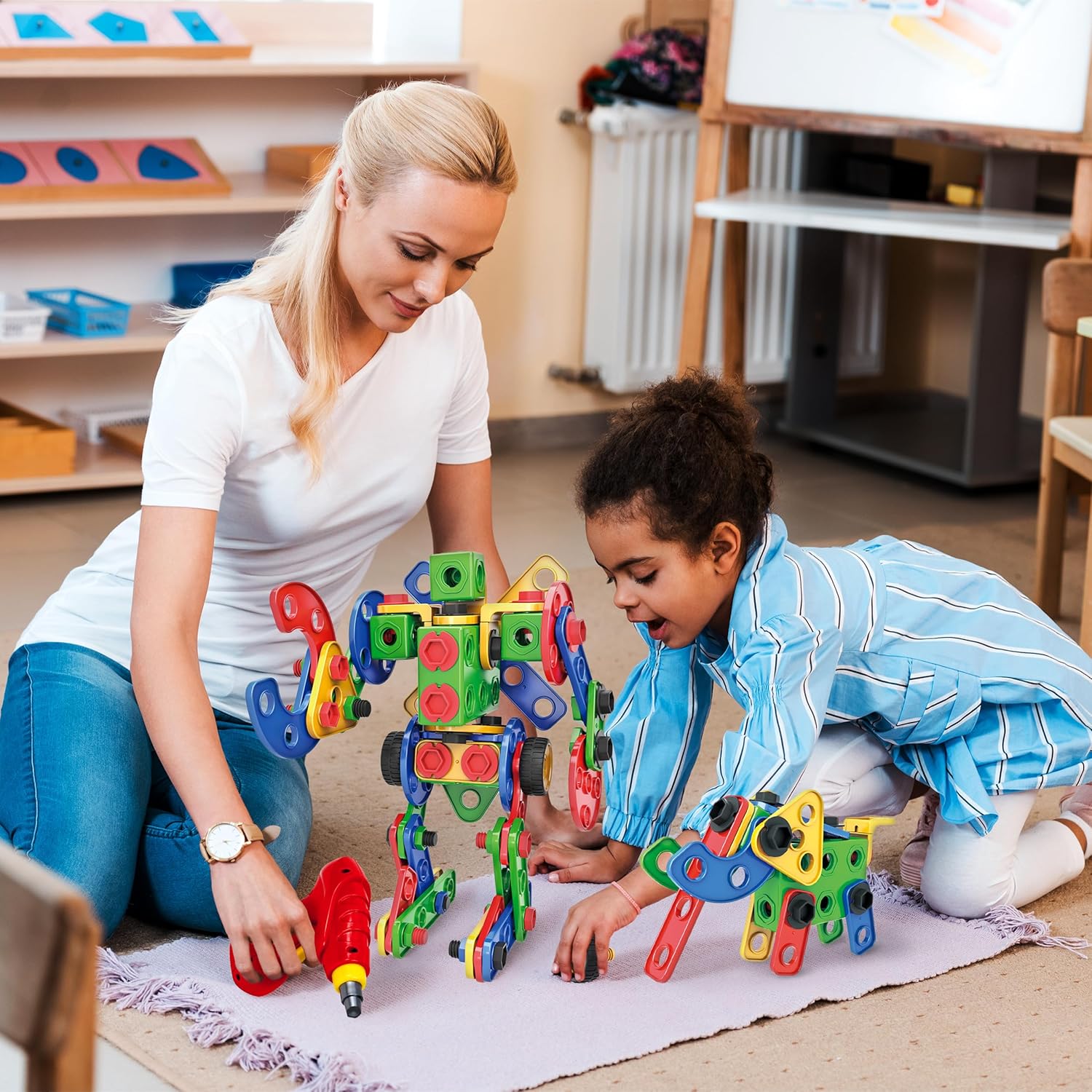 PicassoTiles STEM Learning Toys 152 Piece Building Block Set Kid Toy Construction Engineering Kit Educational Blocks w/Idea Book Design Guide, Storage Carry Box, Power Drill, Ratchet, Age 3+ PTN152