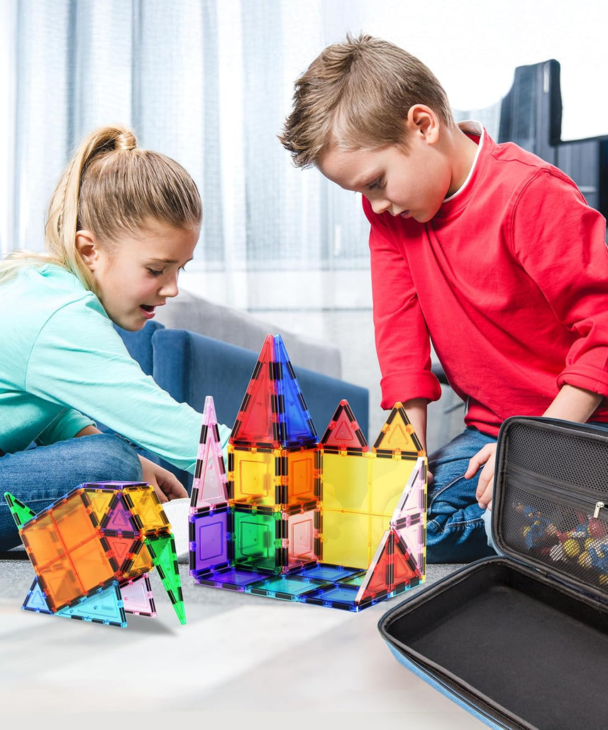 PicassoTiles 101pcs Magnetic Building Block Toy + Case Set Magnet Tile Construction Blocks for Ages 3 and Up Educational Kit Child Brain Development Learning Playset in Portable Travel Carry Bin