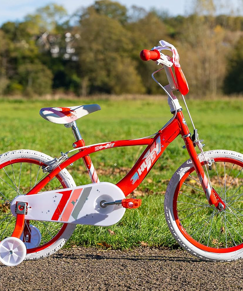Huffy Glimmer Girls Bike 18 Inch, Red and White, Single-Speed Kids Bicycle with Removable Stabilisers, Front Storage Pouch, Quick Connect Assembly, Ages 6-8