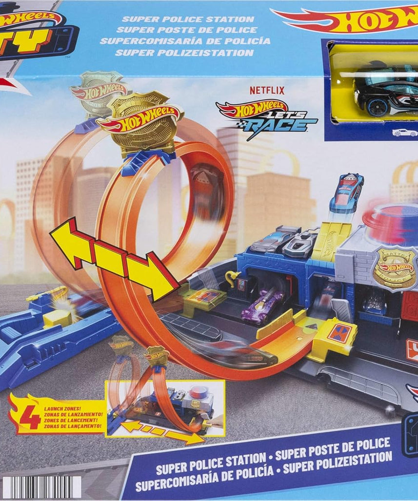 Hot Wheels Toy Car Track Set, Super Police Station Playset, Adjustable Loop Track with Multiple Racing Paths, Includes 1:64 Die-Cast Vehicle, 4+ Years