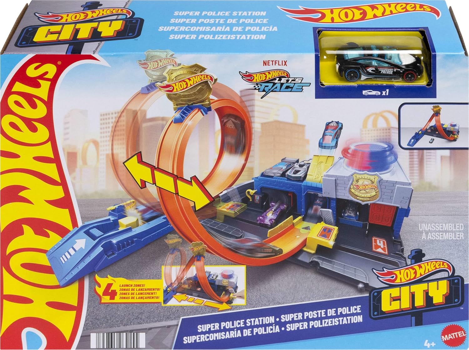 Hot Wheels Toy Car Track Set, Super Police Station Playset, Adjustable Loop Track with Multiple Racing Paths, Includes 1:64 Die-Cast Vehicle, 4+ Years