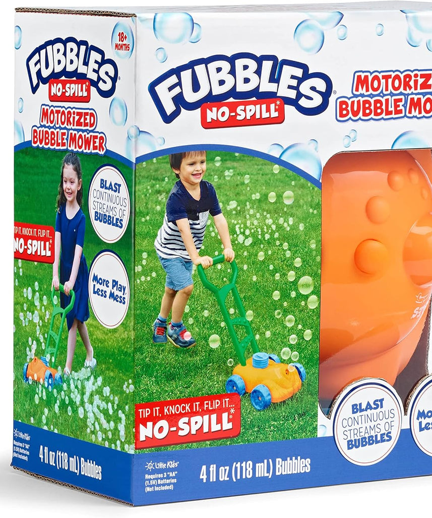 Little Kids Fubbles No Spill Bubble Lawn Mower, Automatic Bubble Blower Machine, Toddler Outdoor Bubble Toy, Includes 4oz Non Toxic Solution, Continuous Bubble Play, Soft Grip Handle, Pretend Play Lawn Mower for Boys and Girls, Ages 3 Plus