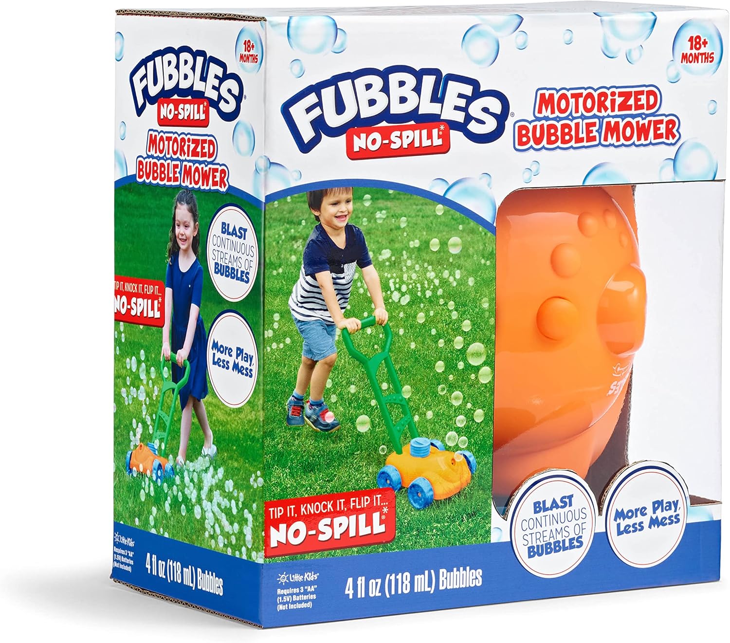 Little Kids Fubbles No Spill Bubble Lawn Mower, Automatic Bubble Blower Machine, Toddler Outdoor Bubble Toy, Includes 4oz Non Toxic Solution, Continuous Bubble Play, Soft Grip Handle, Pretend Play Lawn Mower for Boys and Girls, Ages 3 Plus