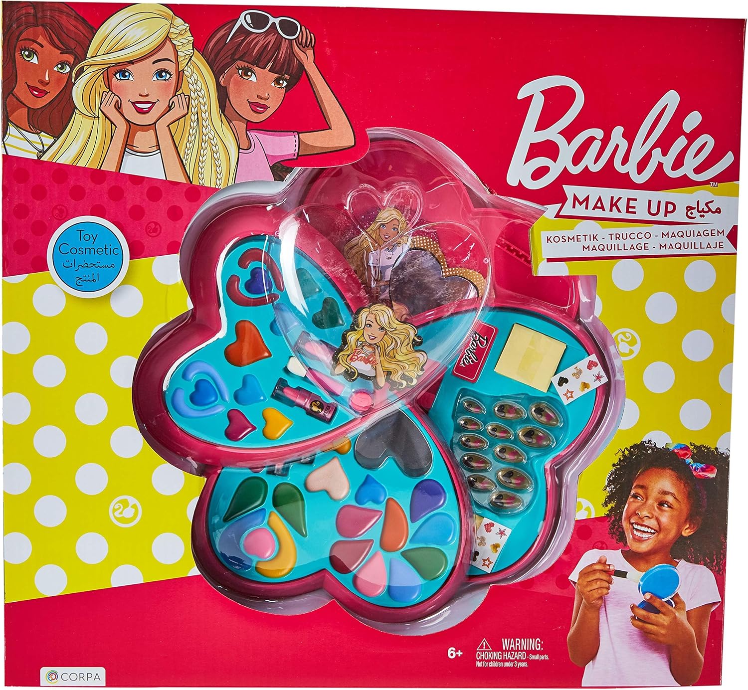 Barbie 4 Decks Heart Shape Cosmetic Case, Pretend Play Makeup Set For Girls Ages 6-9, Multi Color Beauty Toy, Travel Friendly, Organized Compartments, Dress Up And Imaginative Role Play