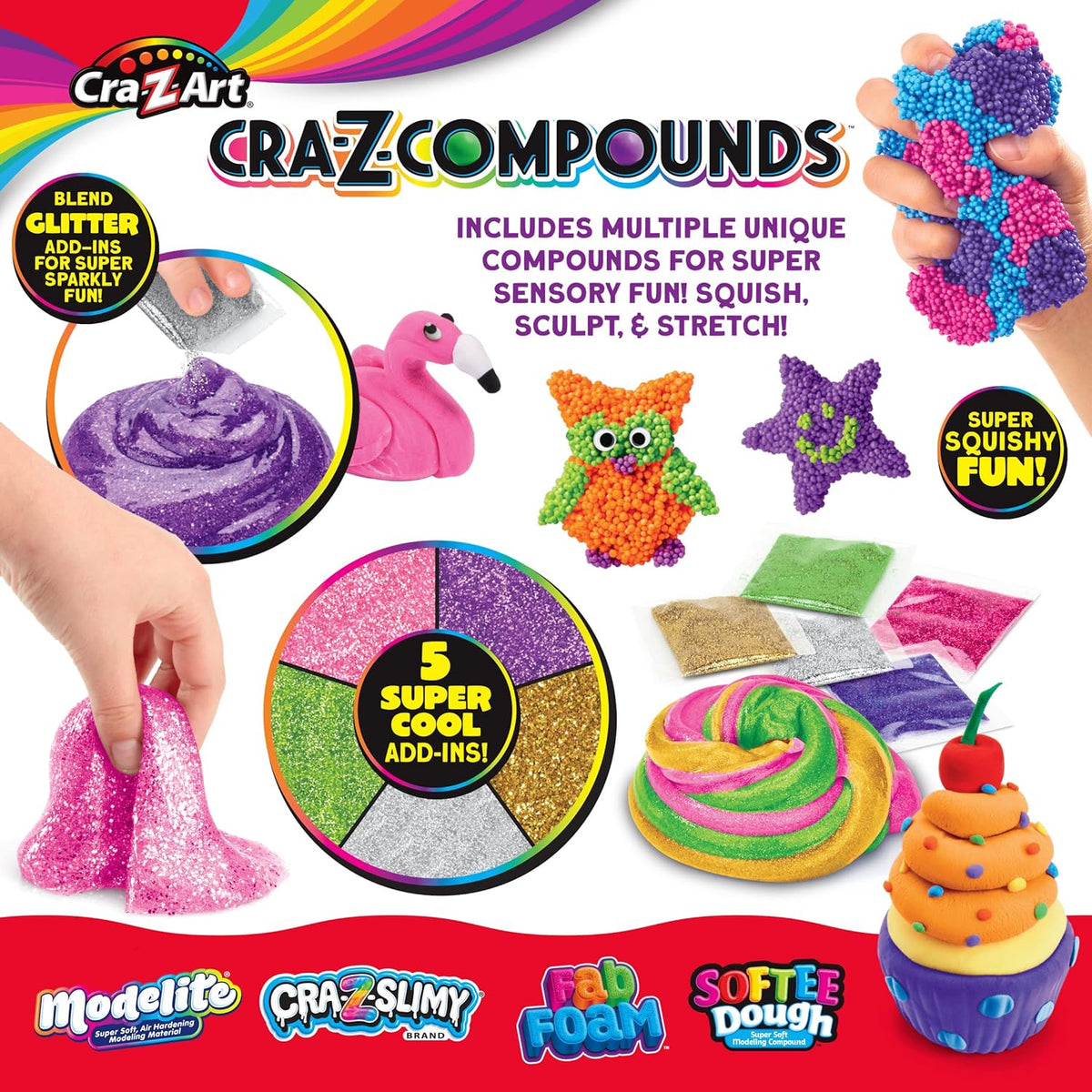 Cra-Z-Slimy 60066 Slime Compound 4-Pack Toy, Includes Softee Dough, Cra-Z Slimy, Fab Foam, Modelite, Glitter Add-Ins, Sensory Play Kit for Kids 6+