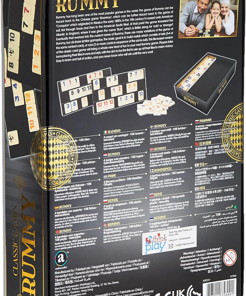 Ambassador Merchant Rummy Board & Card Games, 106 Melamine Pieces, Plastic Holder, Gold Foil Gift Box, Multi Color, +6-20 Years