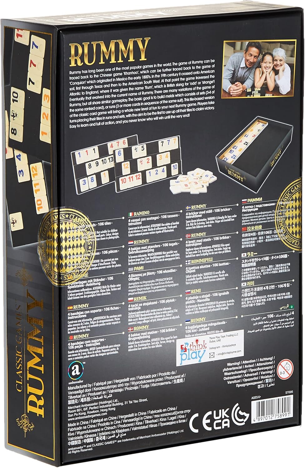 Ambassador Merchant Rummy Board & Card Games, 106 Melamine Pieces, Plastic Holder, Gold Foil Gift Box, Multi Color, +6-20 Years