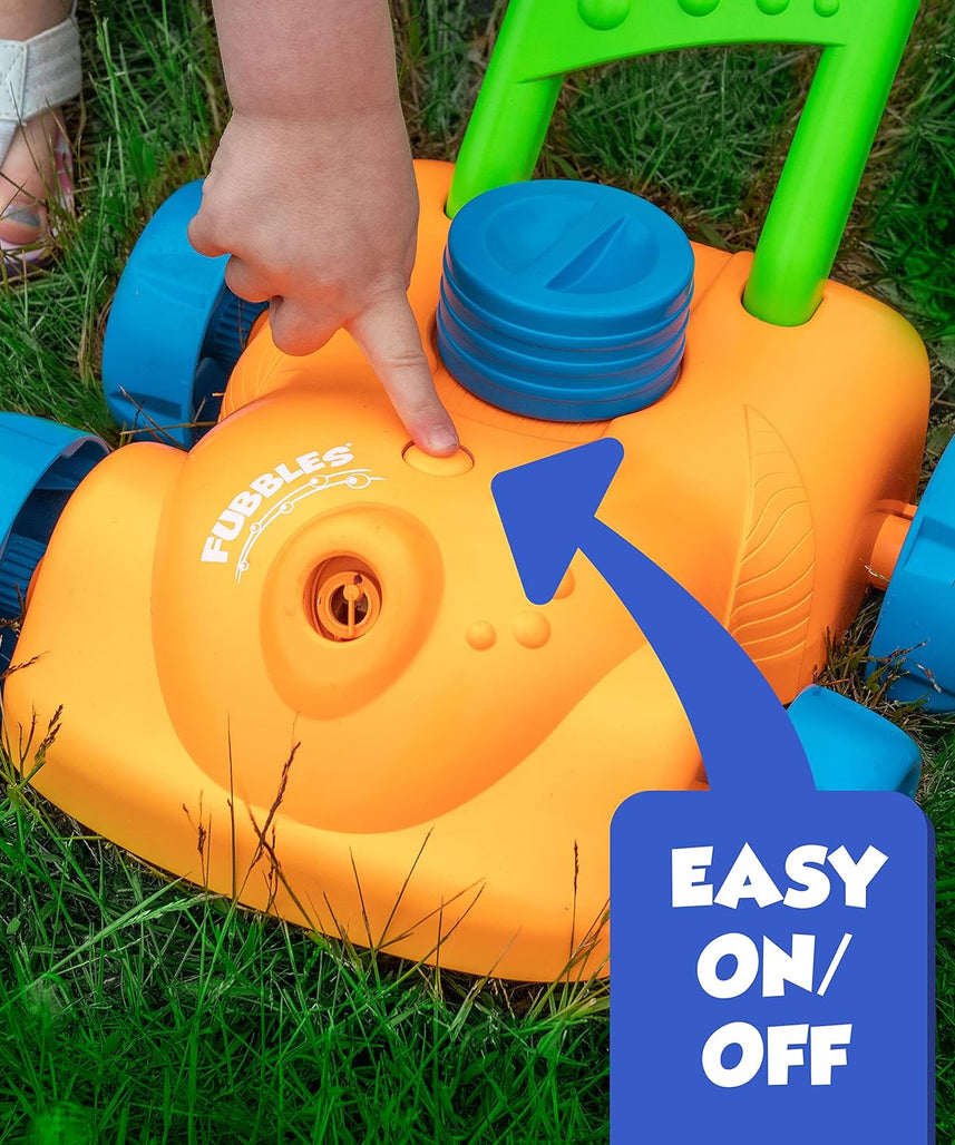 Little Kids Fubbles No Spill Bubble Lawn Mower, Automatic Bubble Blower Machine, Toddler Outdoor Bubble Toy, Includes 4oz Non Toxic Solution, Continuous Bubble Play, Soft Grip Handle, Pretend Play Lawn Mower for Boys and Girls, Ages 3 Plus