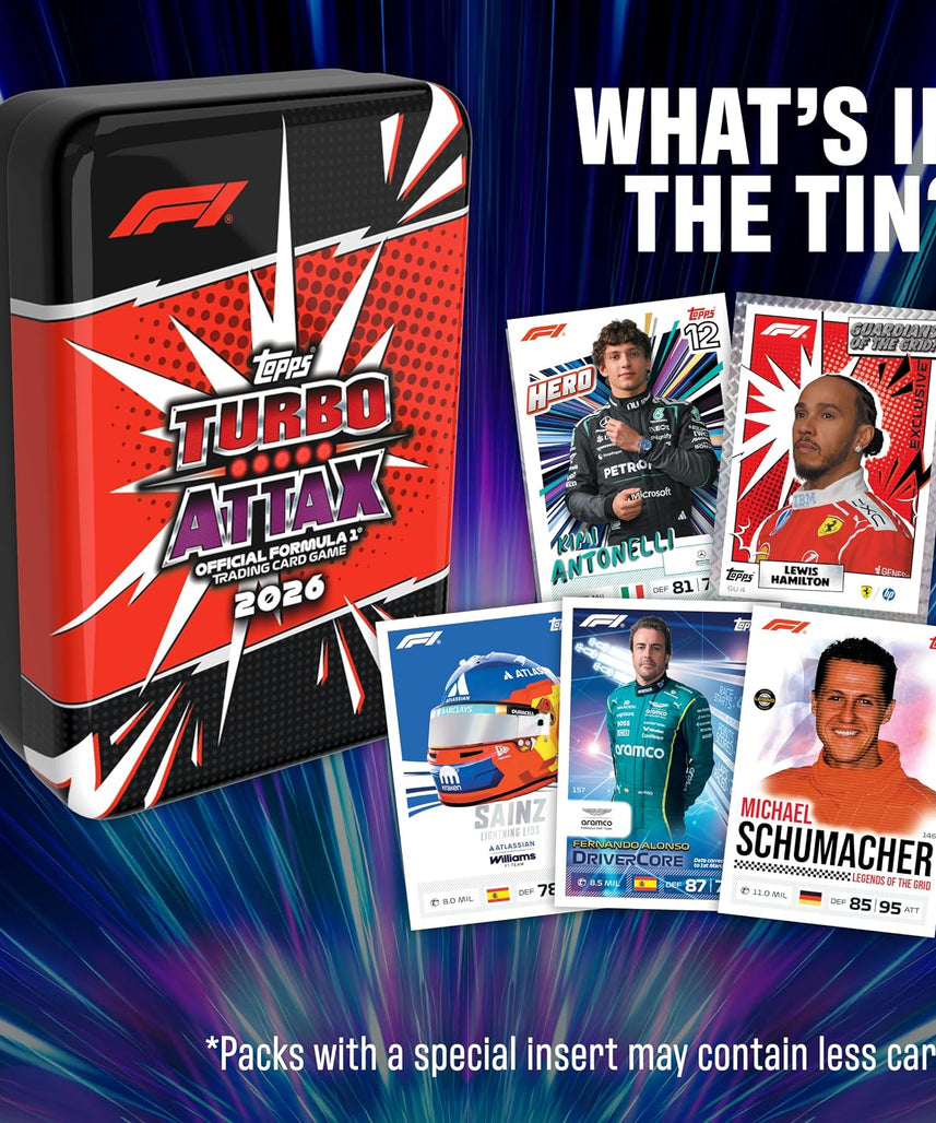 Topps Formula 1 Turbo Attax 2026 Mega Tin Guardians of the Grid, 48 Trading Cards with 4 Exclusive Guardians of the Grid Cards, Memento Relic Chase Cards, Official F1 Collection, 6+ Years