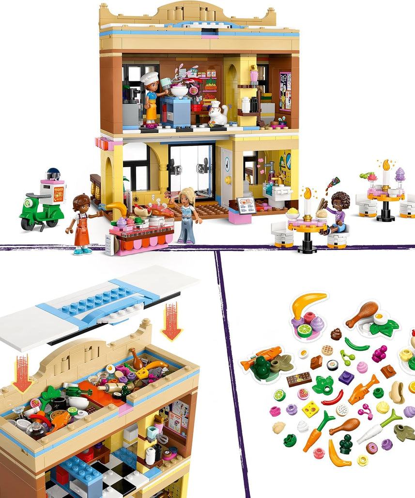 LEGO Friends Restaurant and Cooking School, Pretend-Play Food Role-Play Toy, Kids’ Building Kit for Girls and Boys Aged 8 Years Old and Over, 4 Minidolls and a Cat Figure, Promotes Social Skills 42655