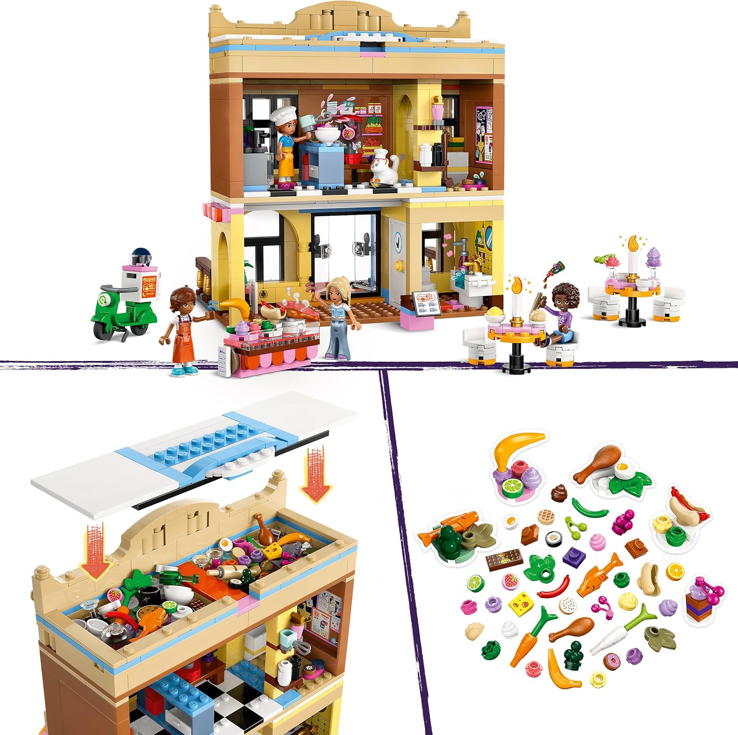 LEGO Friends Restaurant and Cooking School, Pretend-Play Food Role-Play Toy, Kids’ Building Kit for Girls and Boys Aged 8 Years Old and Over, 4 Minidolls and a Cat Figure, Promotes Social Skills 42655