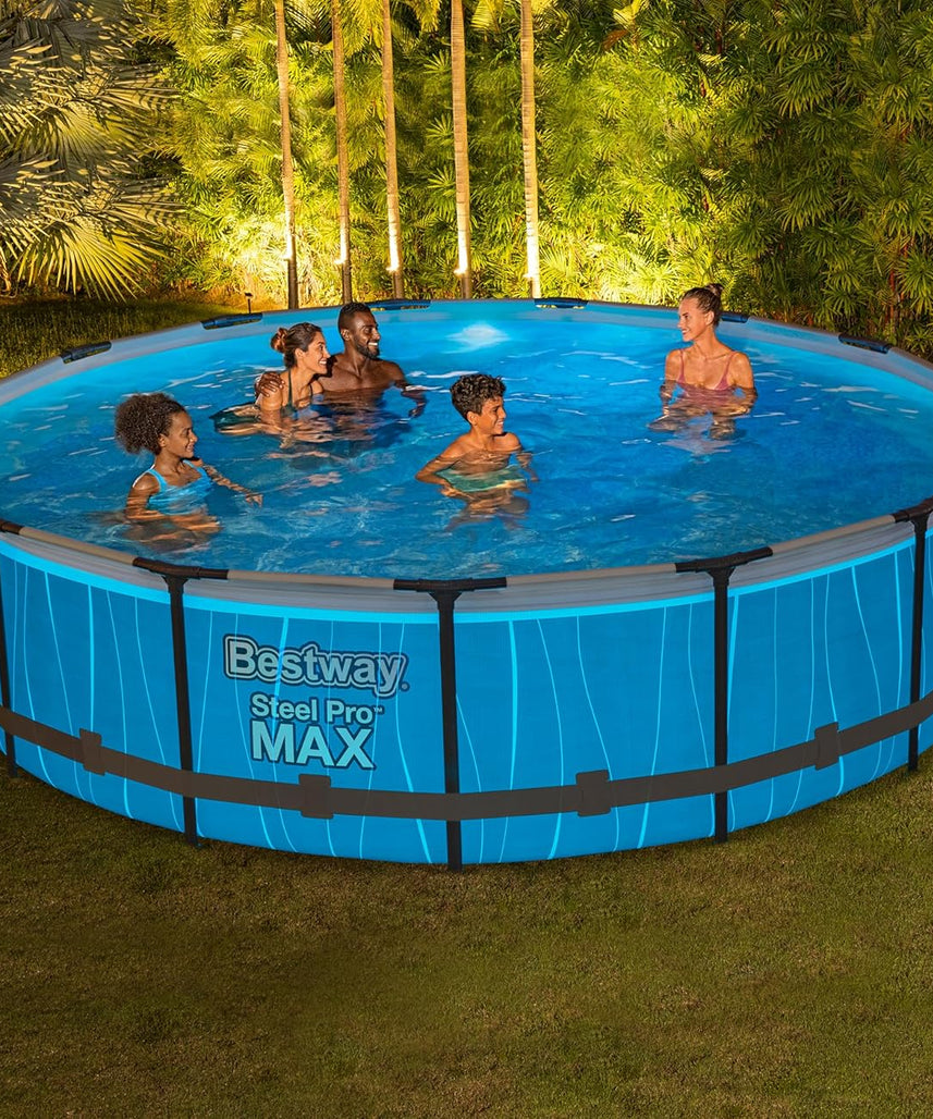 Bestway Steel Pro Max™ Round Frame Swimming Pool with LED Light & Filter Pump, 15 ft (4.57m x 1.07m) – Above Ground Pool Set, Grey, Ages 18+
