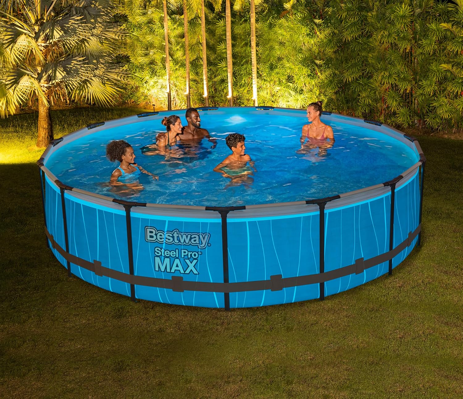 Bestway Steel Pro Max™ Round Frame Swimming Pool with LED Light & Filter Pump, 15 ft (4.57m x 1.07m) – Above Ground Pool Set, Grey, Ages 18+