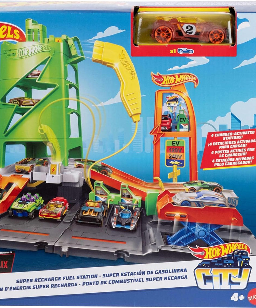 Hot Wheels City Super Recharge Fuel Station with 1:64 Scale Toy Car
