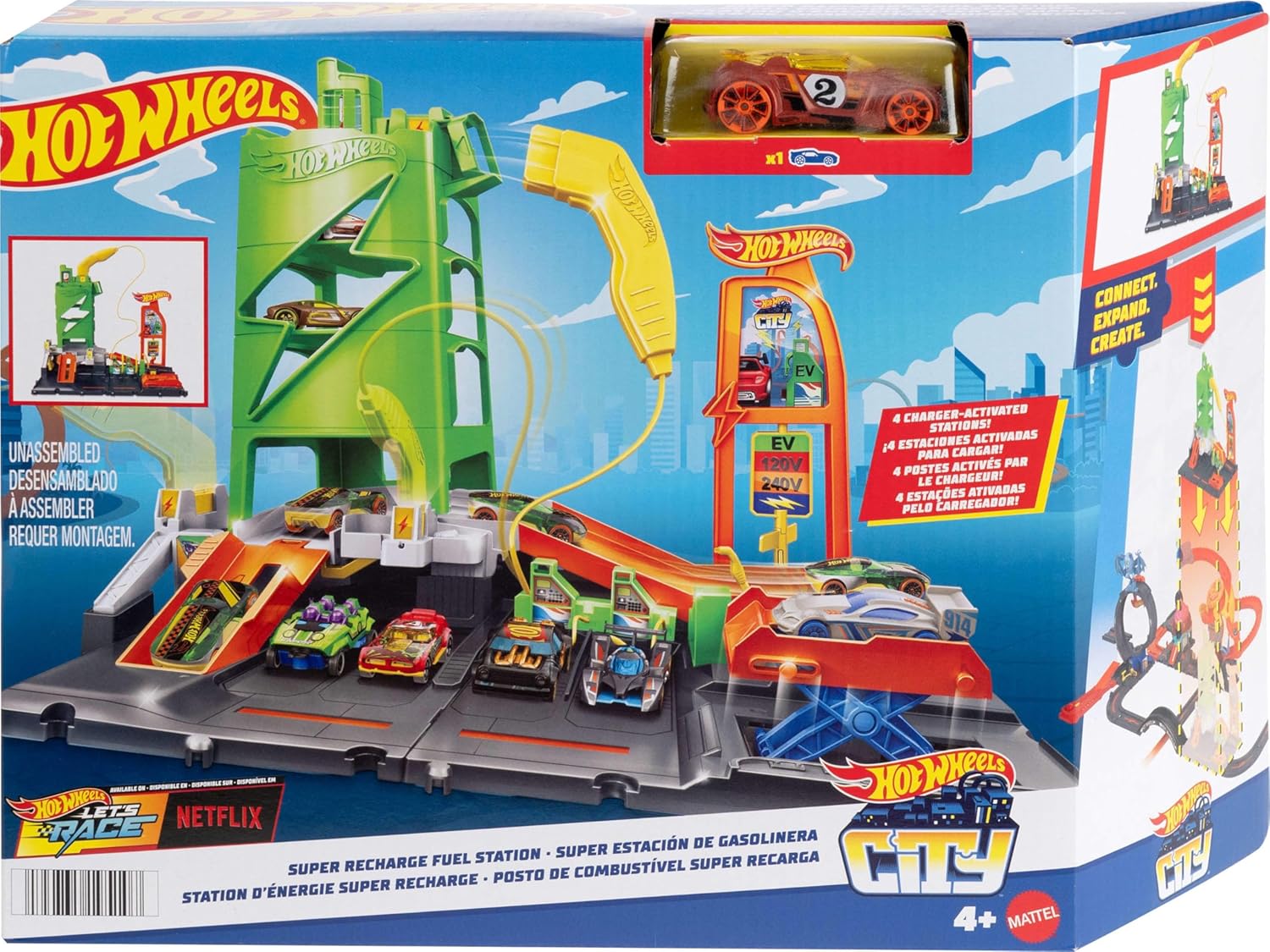 Hot Wheels City Super Recharge Fuel Station with 1:64 Scale Toy Car