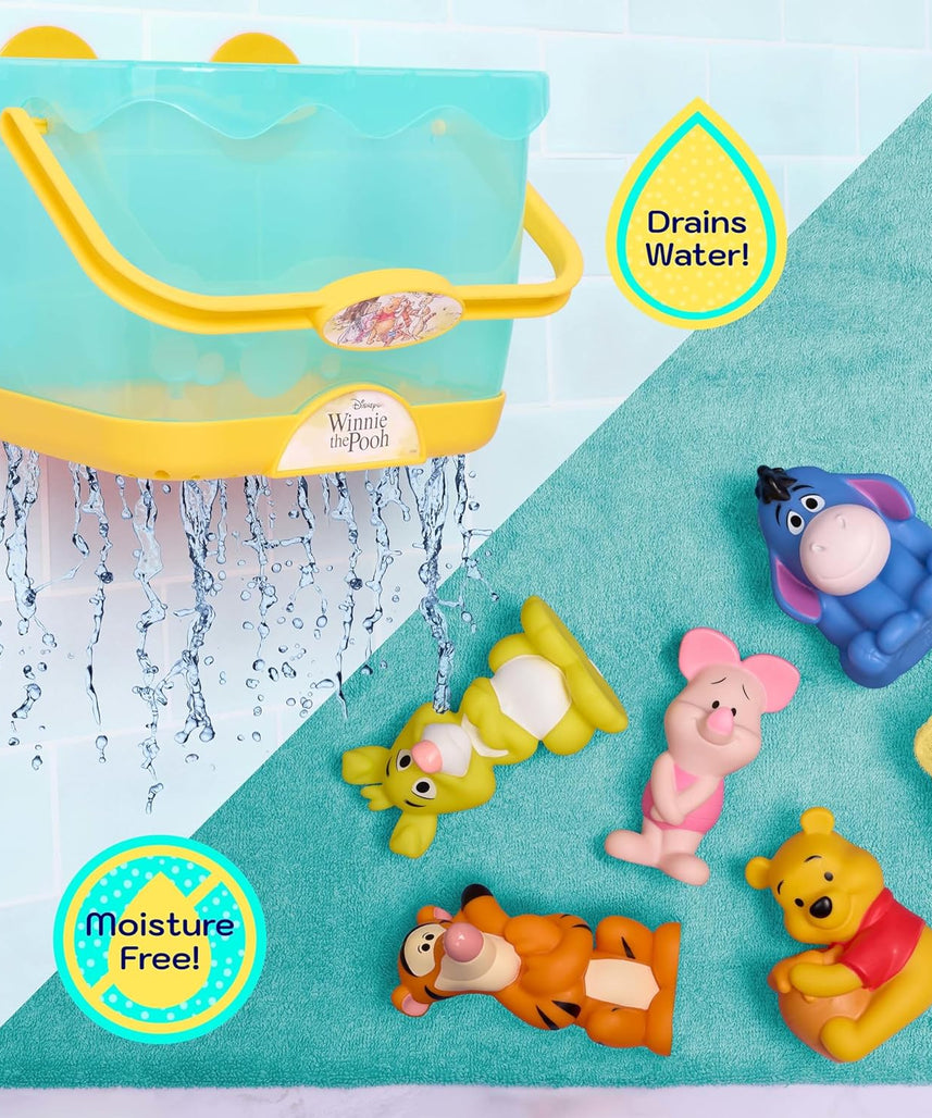 Disney Winnie the Pooh Bath Caddy, 6-pieces, 5 Bath Toy Figures Sealed for Safety, Attaches to Wall, Bath Toy for Fans, Girls, Boys, Kids, Ages 3 and Up