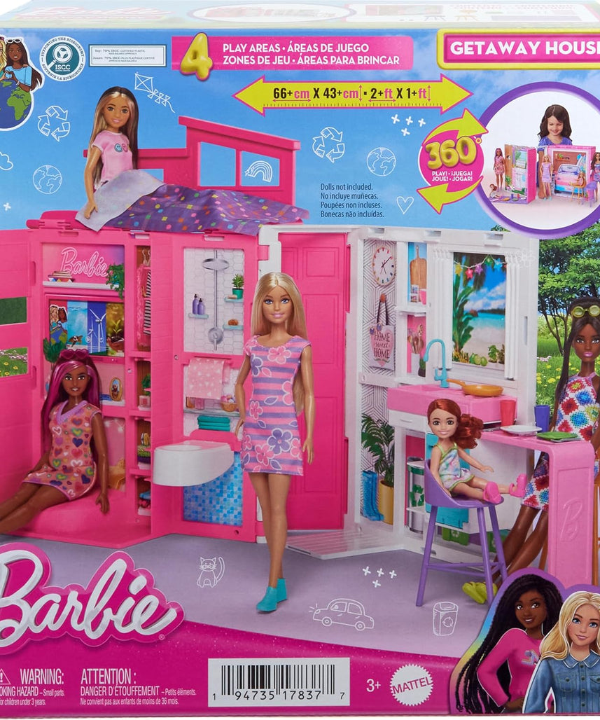 Barbie Getaway House, Doll House Playset with 4 Play Areas and 11 Decor Accessories