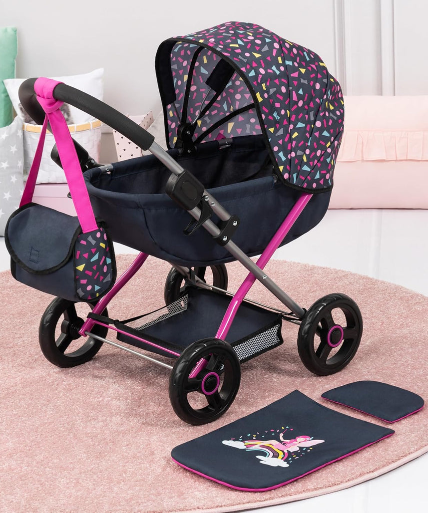 Bayer Pram Set Smarty for 46cm Dolls, Foldable Doll Stroller with Blanket, Pillow, and Integrated Basket, Role Play Toy for Kids, 3Y+ Years