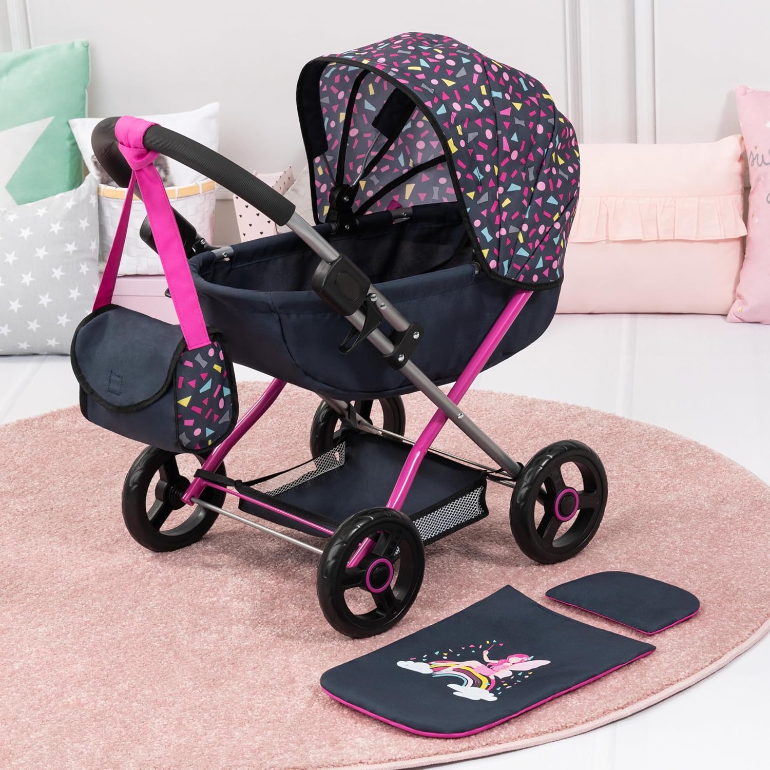 Bayer Pram Set Smarty for 46cm Dolls, Foldable Doll Stroller with Blanket, Pillow, and Integrated Basket, Role Play Toy for Kids, 3Y+ Years